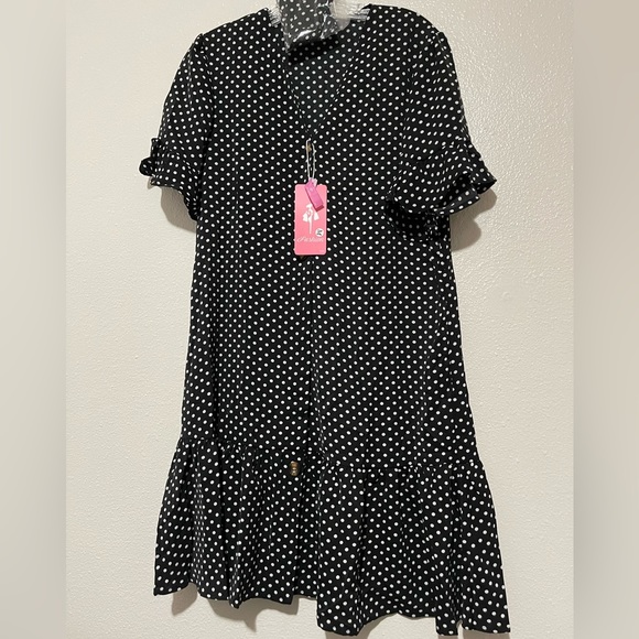 NWT Women’s Fashion Polka Dot Print V-Neck Ruffle Short Sleeve Dress - Picture 3 of 6